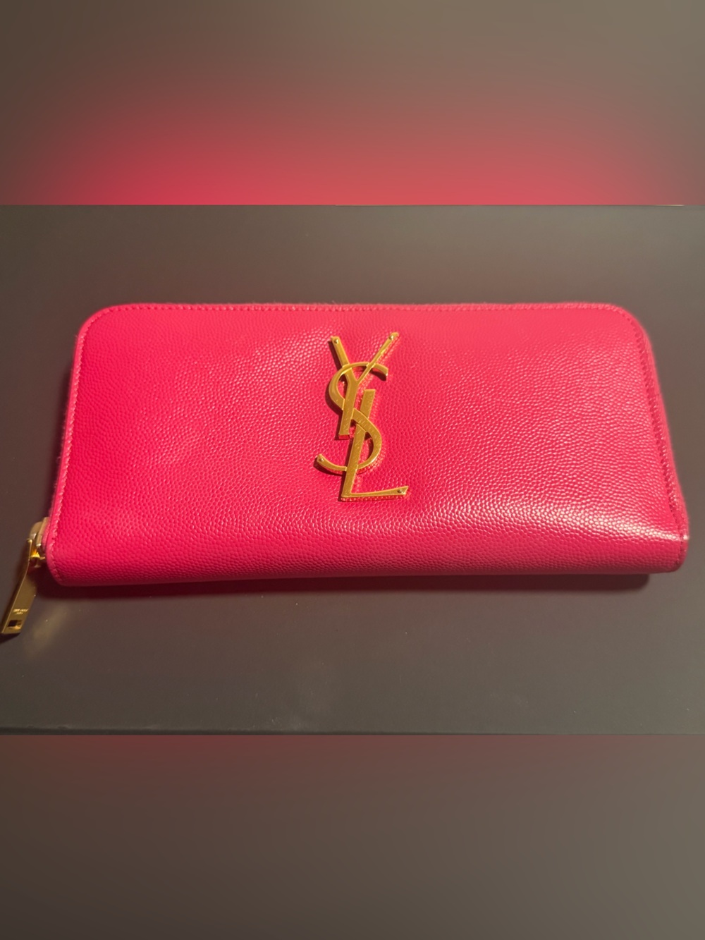 Saint Laurent Hot Pink Zip-Around with Gold YSL Emblem long wallet
